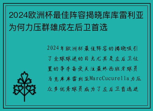 2024欧洲杯最佳阵容揭晓库库雷利亚为何力压群雄成左后卫首选