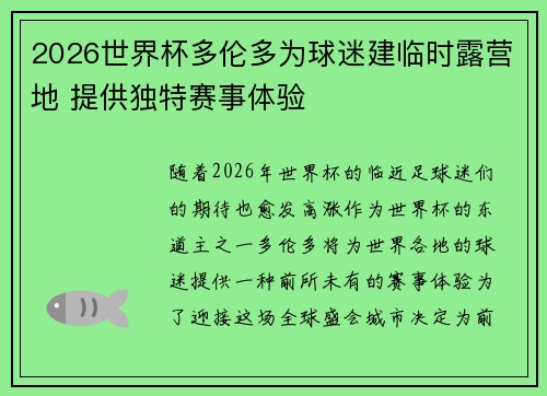 2026世界杯多伦多为球迷建临时露营地 提供独特赛事体验