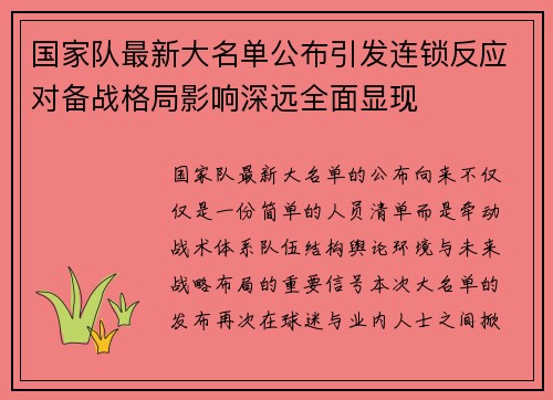 国家队最新大名单公布引发连锁反应对备战格局影响深远全面显现 国家队最新大名单公布引发连锁反应对备战格局影响深远全面显现